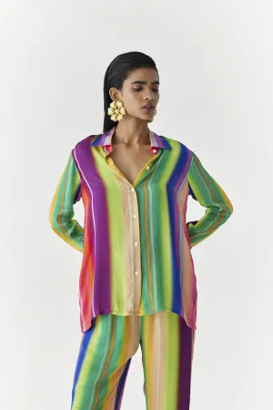 New Season Summer to Fall 2024-Co-ord Rainbow Shirt Trousers Vegan Silk Multi Color Stirpe Print -Studio Rigu-Fashion Edit Amazonico