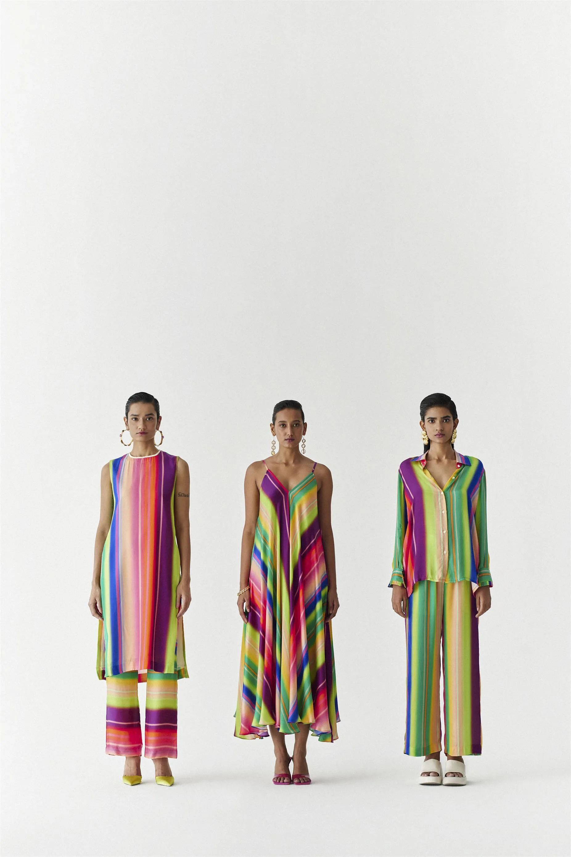 New Season Summer to Fall 2024-Co-ord Rainbow Shirt Trousers Vegan Silk Multi Color Stirpe Print -Studio Rigu-Fashion Edit Amazonico