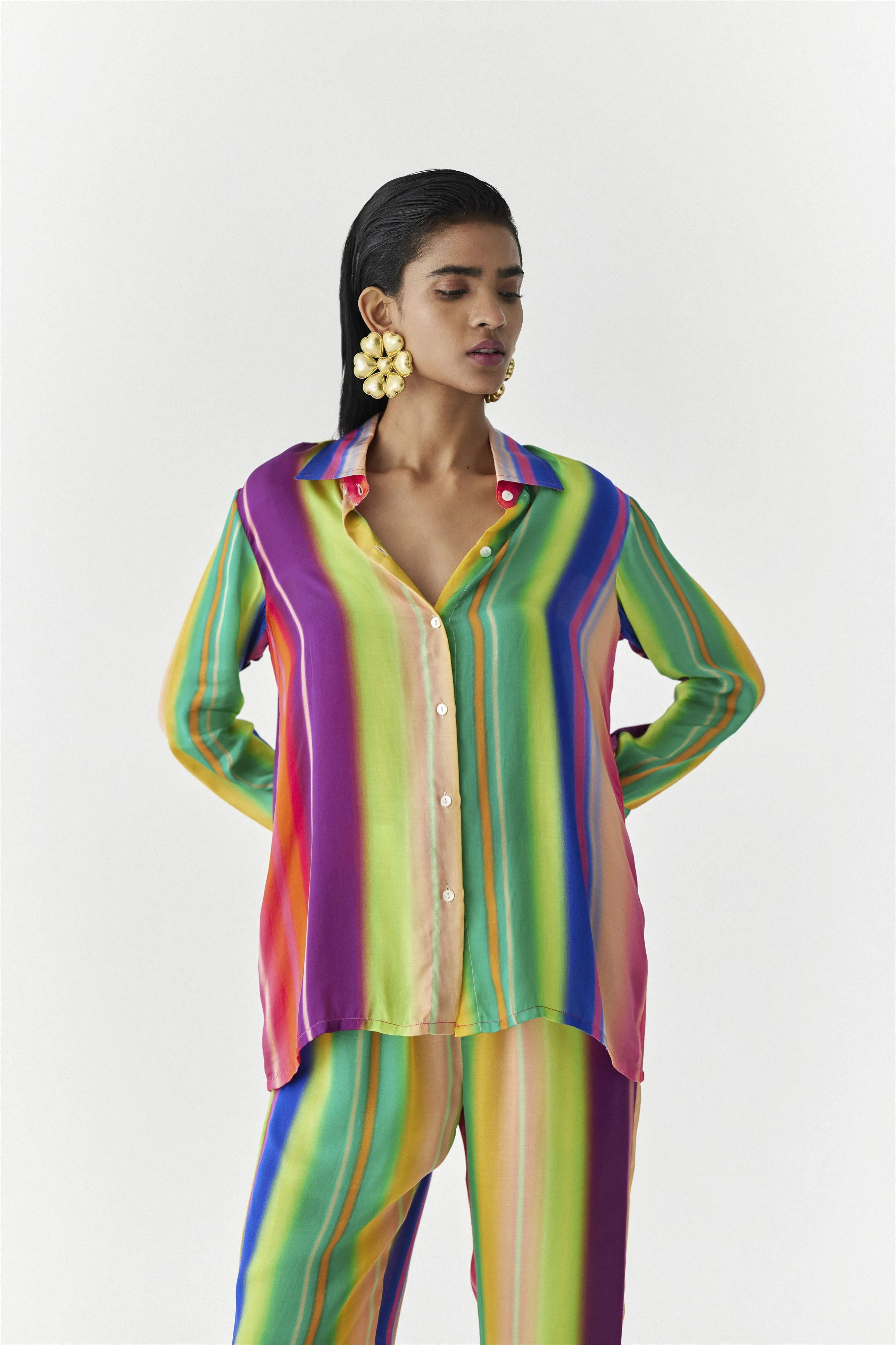 New Season Summer to Fall 2024-Co-ord Rainbow Shirt Trousers Vegan Silk Multi Color Stirpe Print -Studio Rigu-Fashion Edit Amazonico