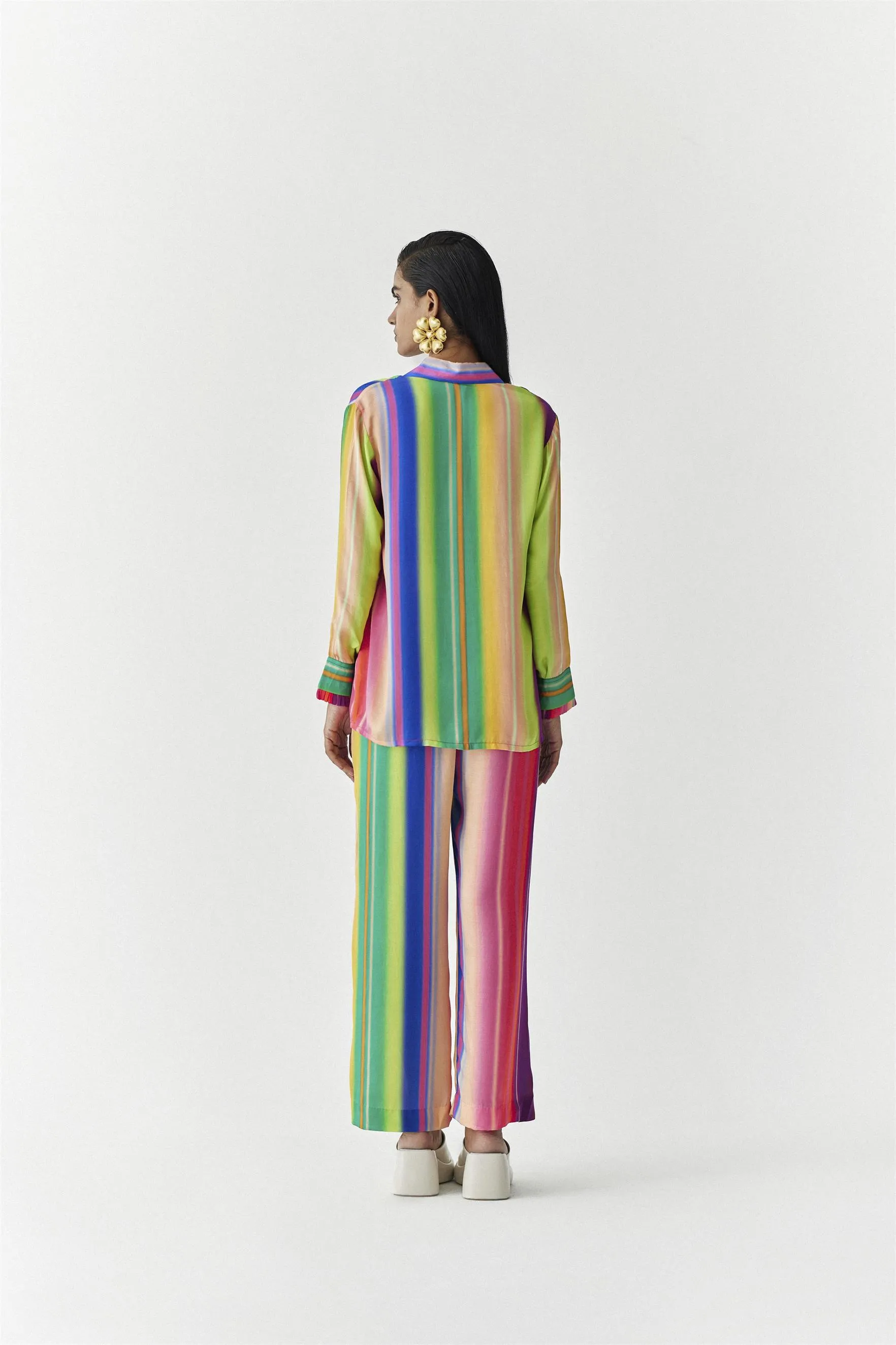 New Season Summer to Fall 2024-Co-ord Rainbow Shirt Trousers Vegan Silk Multi Color Stirpe Print -Studio Rigu-Fashion Edit Amazonico