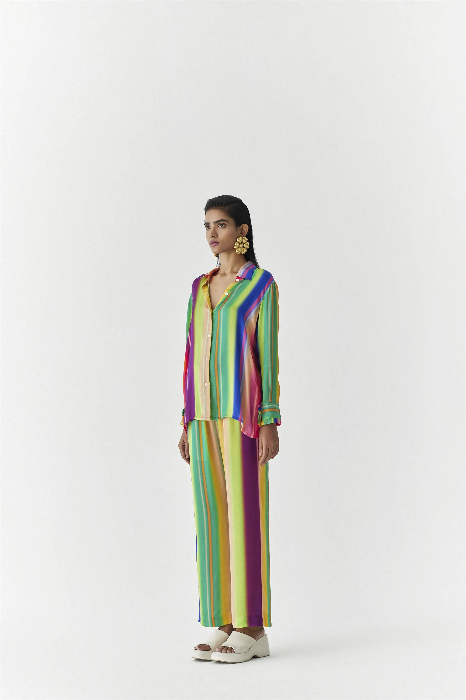 New Season Summer to Fall 2024-Co-ord Rainbow Shirt Trousers Vegan Silk Multi Color Stirpe Print -Studio Rigu-Fashion Edit Amazonico