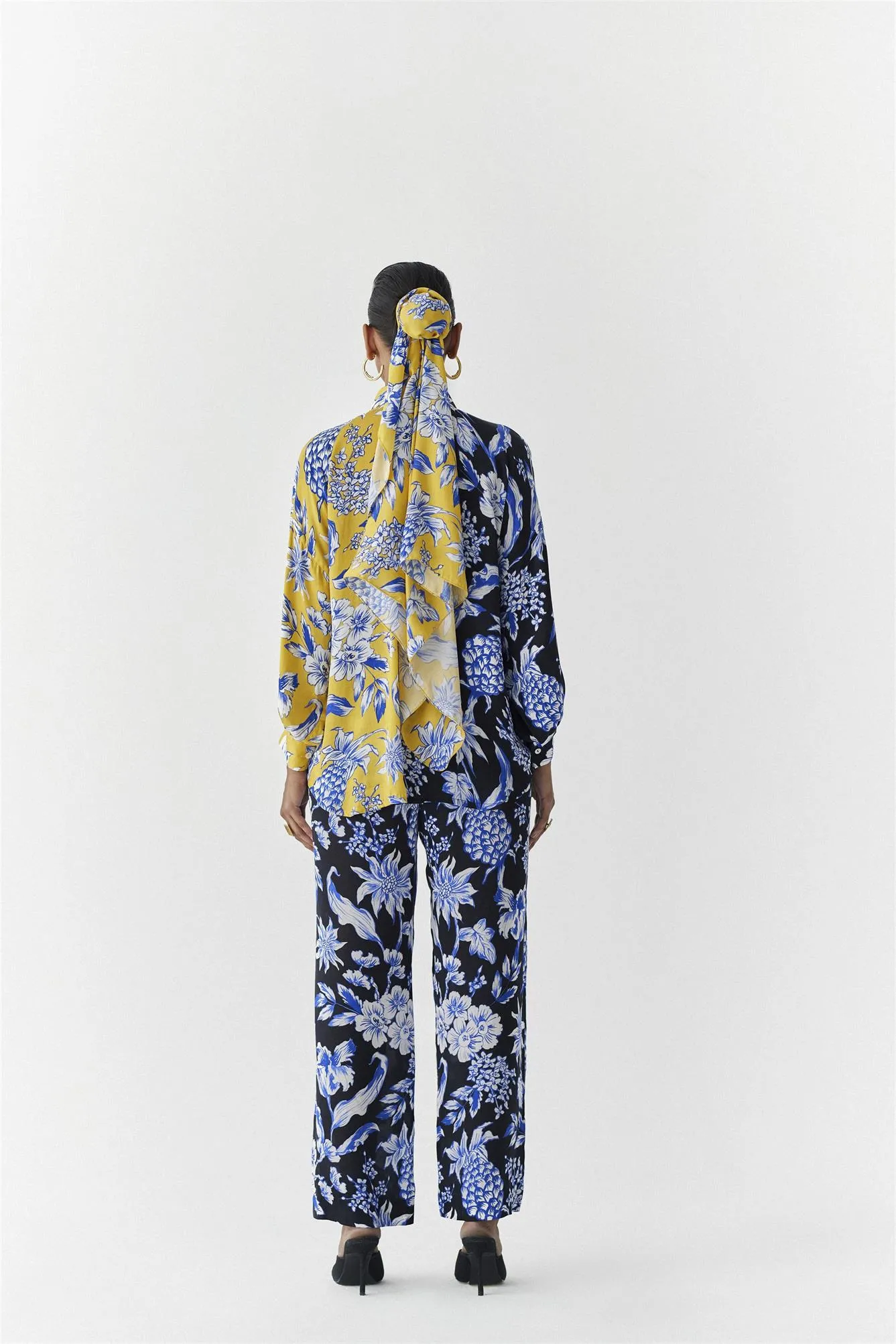 New Season Summer to Fall 2024-Co-ord Shirt Trousers Vegan Silk yellow Black Blue Pineapple Print-Studio Rigu-Fashion Edit Amazonico