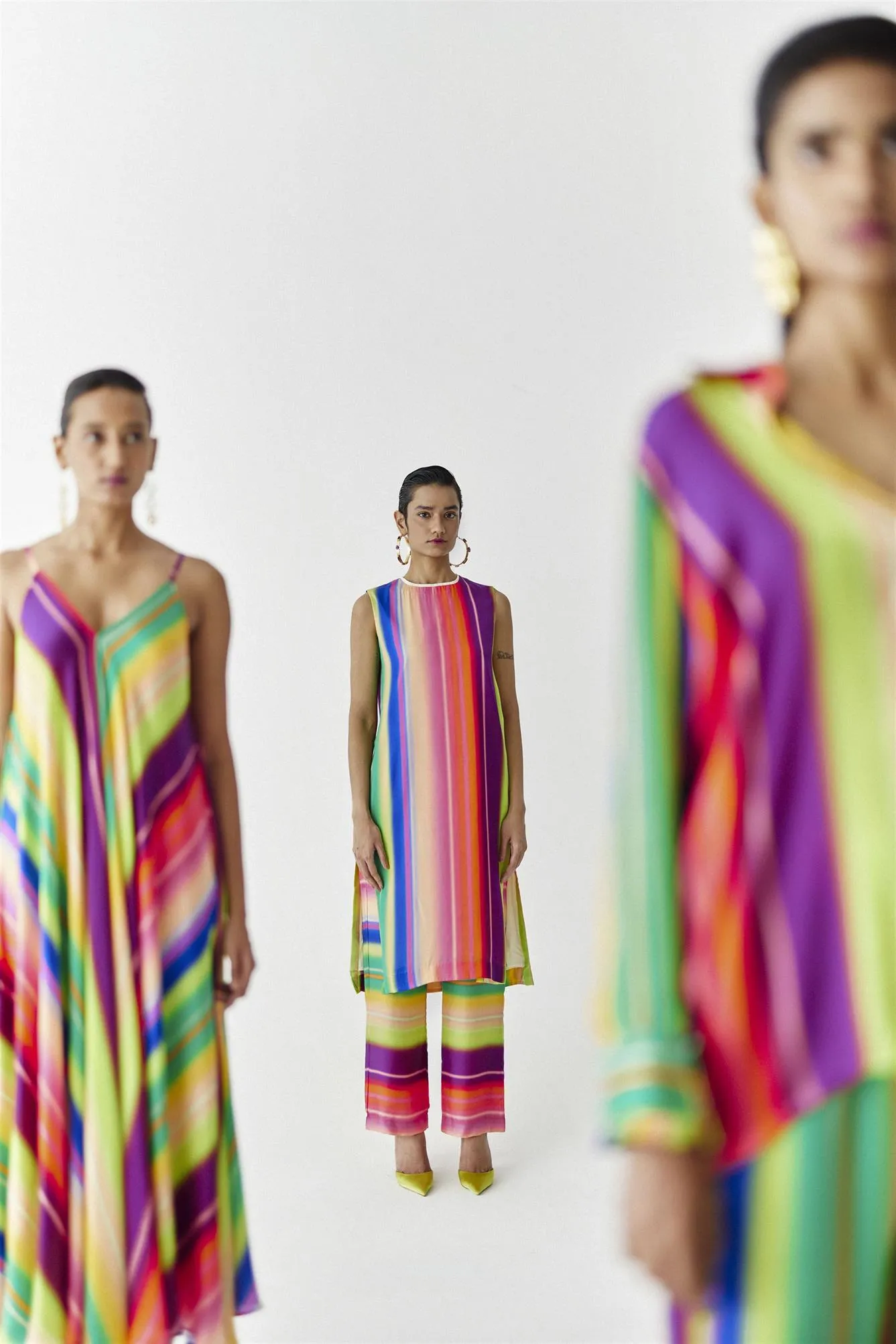 New Season Summer to Fall 2024-Dress Rainbow Strappy Vegan Silk Multi Color Stirpe Print -Studio Rigu-Fashion Edit Amazonico
