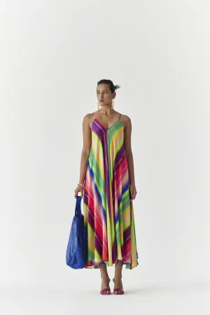 New Season Summer to Fall 2024-Dress Rainbow Strappy Vegan Silk Multi Color Stirpe Print -Studio Rigu-Fashion Edit Amazonico