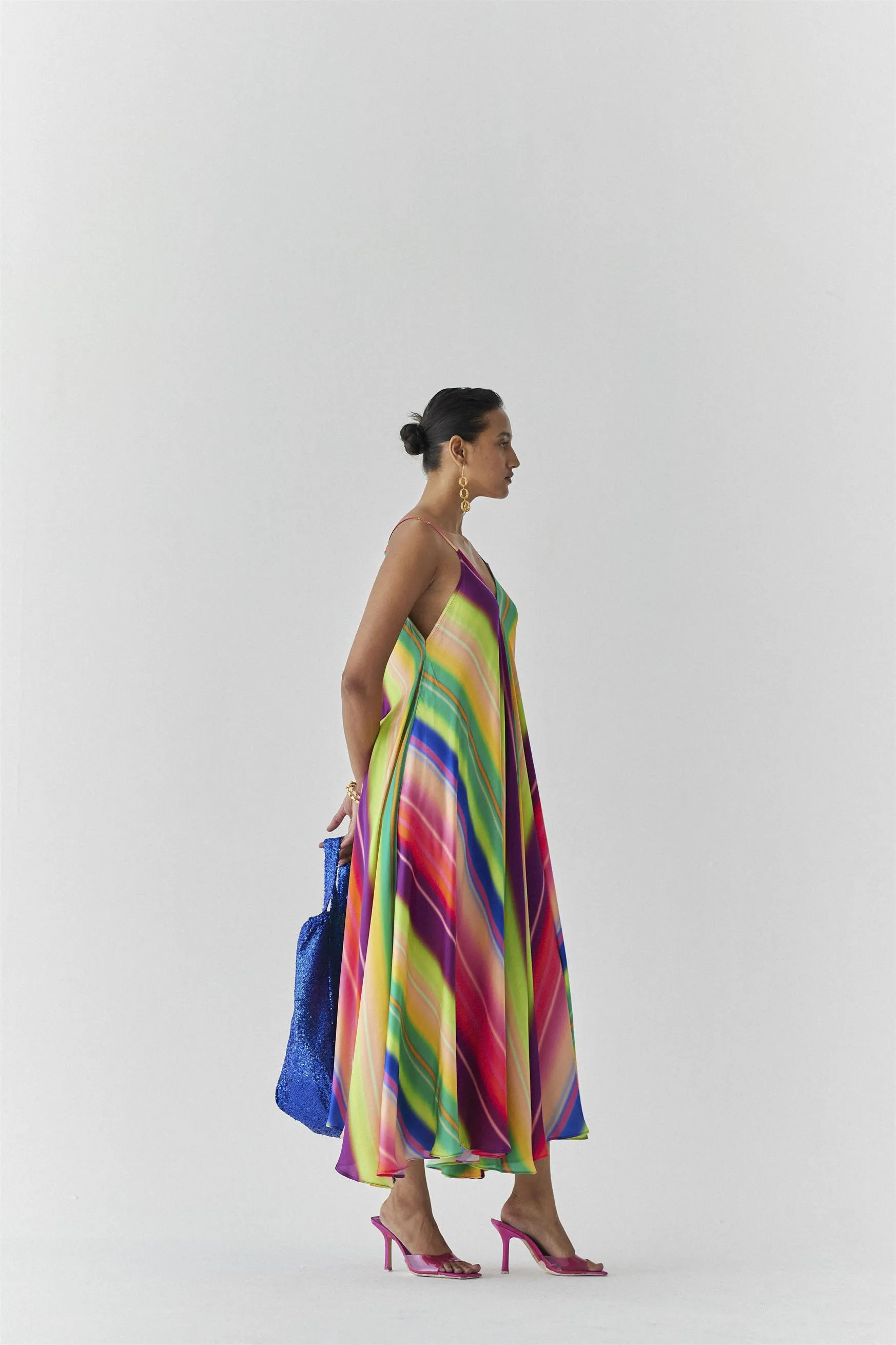 New Season Summer to Fall 2024-Dress Rainbow Strappy Vegan Silk Multi Color Stirpe Print -Studio Rigu-Fashion Edit Amazonico