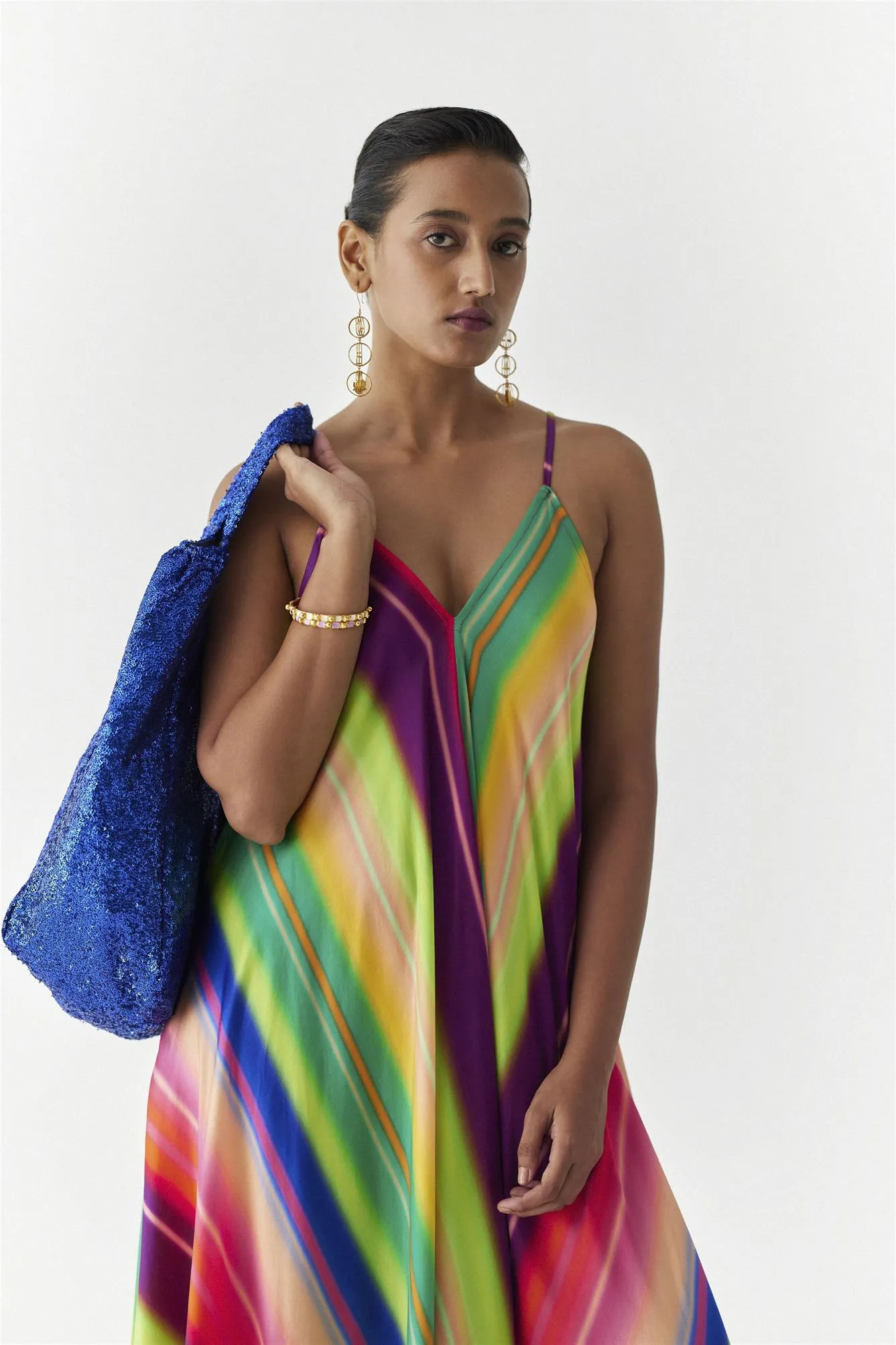 New Season Summer to Fall 2024-Dress Rainbow Strappy Vegan Silk Multi Color Stirpe Print -Studio Rigu-Fashion Edit Amazonico