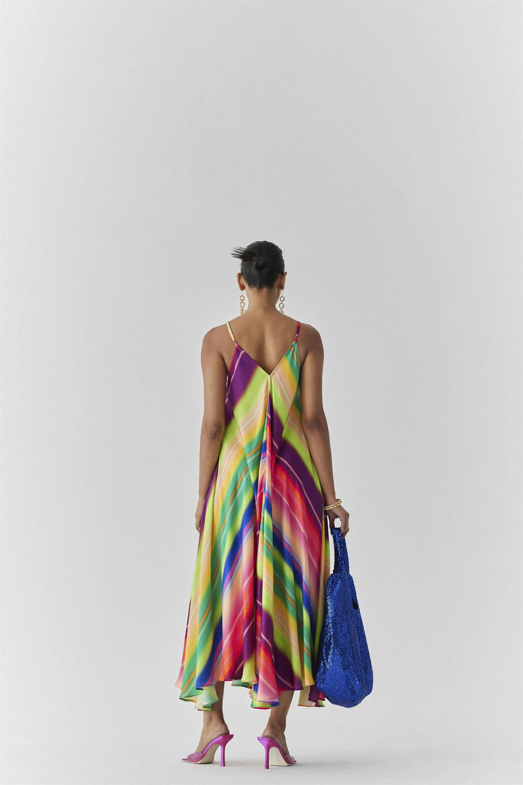 New Season Summer to Fall 2024-Dress Rainbow Strappy Vegan Silk Multi Color Stirpe Print -Studio Rigu-Fashion Edit Amazonico