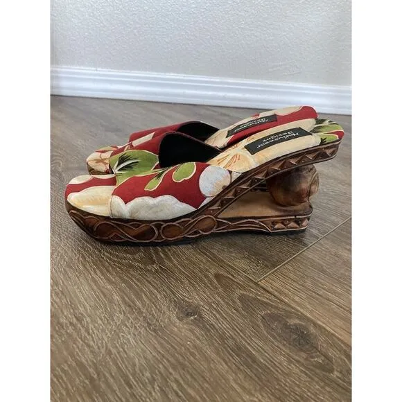 NEW Vintage cha cha Heels Womens Hawaiin Handcarved Wooden red Size 6.5 1960s