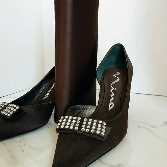 Nina Satin D'Orsay Dark Chocolate Brown Heels &amp; Ann Taylor Satin Clutch