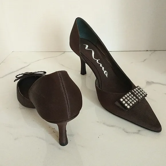 Nina Satin D'Orsay Dark Chocolate Brown Heels &amp; Ann Taylor Satin Clutch