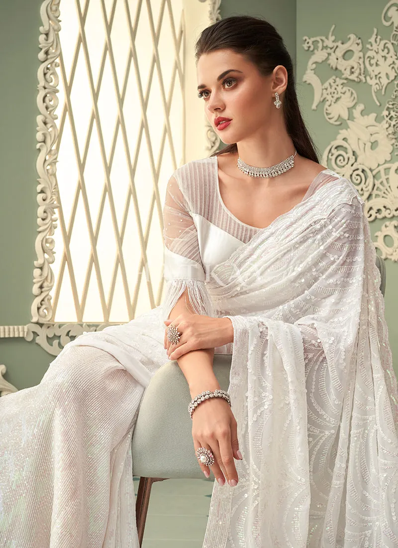 Off White Sequins Embroidery Georgette Saree