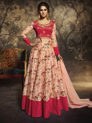 Peach And Pink Zari Embroidered Party Wear Anarkali Suit