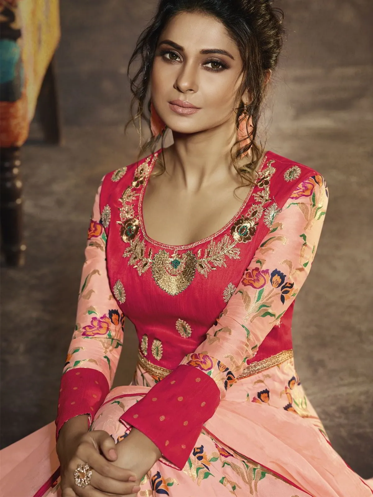 Peach And Pink Zari Embroidered Party Wear Anarkali Suit
