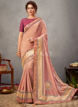 Peach And Pink Zari Embroidery Silk Saree