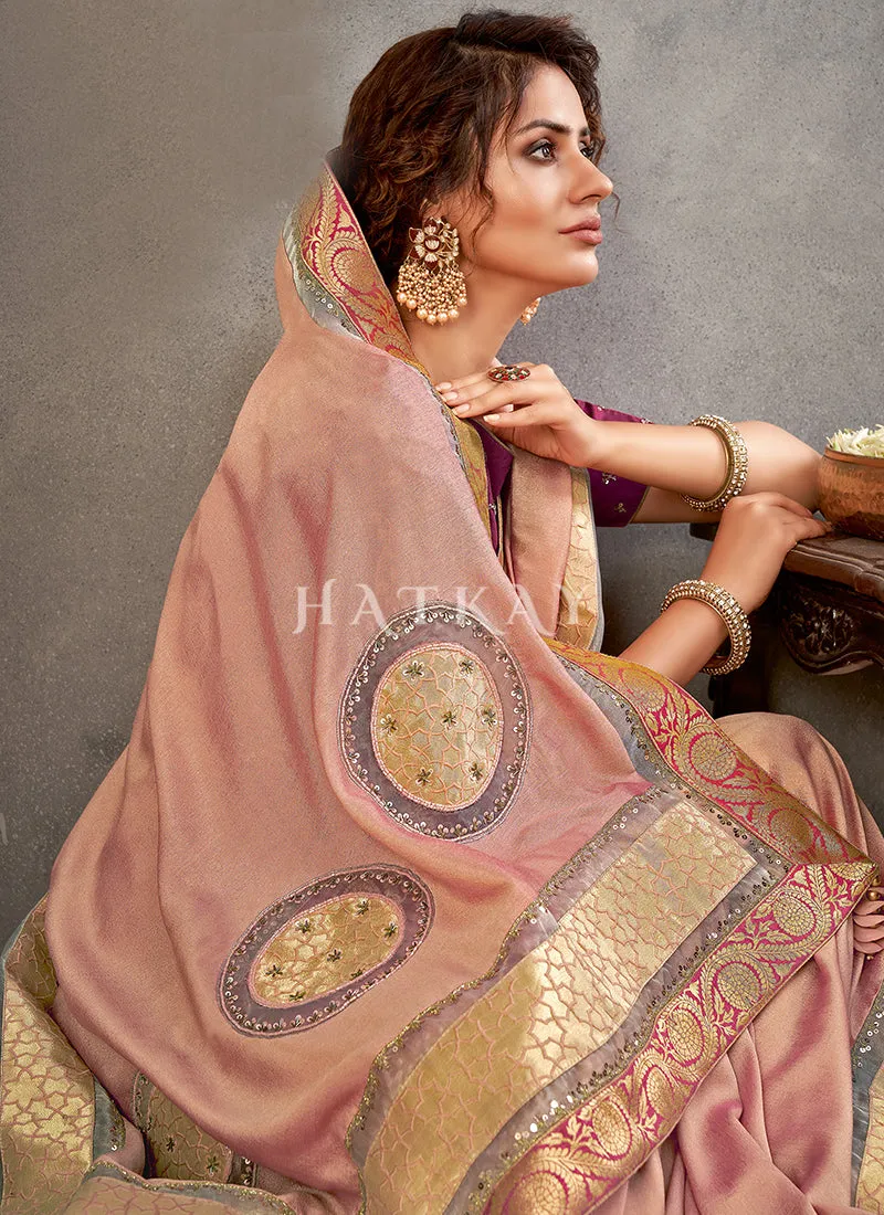 Peach And Pink Zari Embroidery Silk Saree