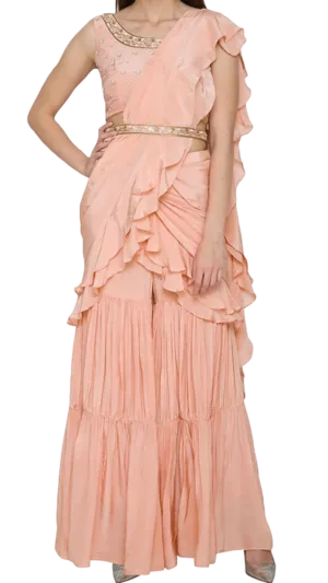 Peach Ruffle Pre-Draped Sharara Sari