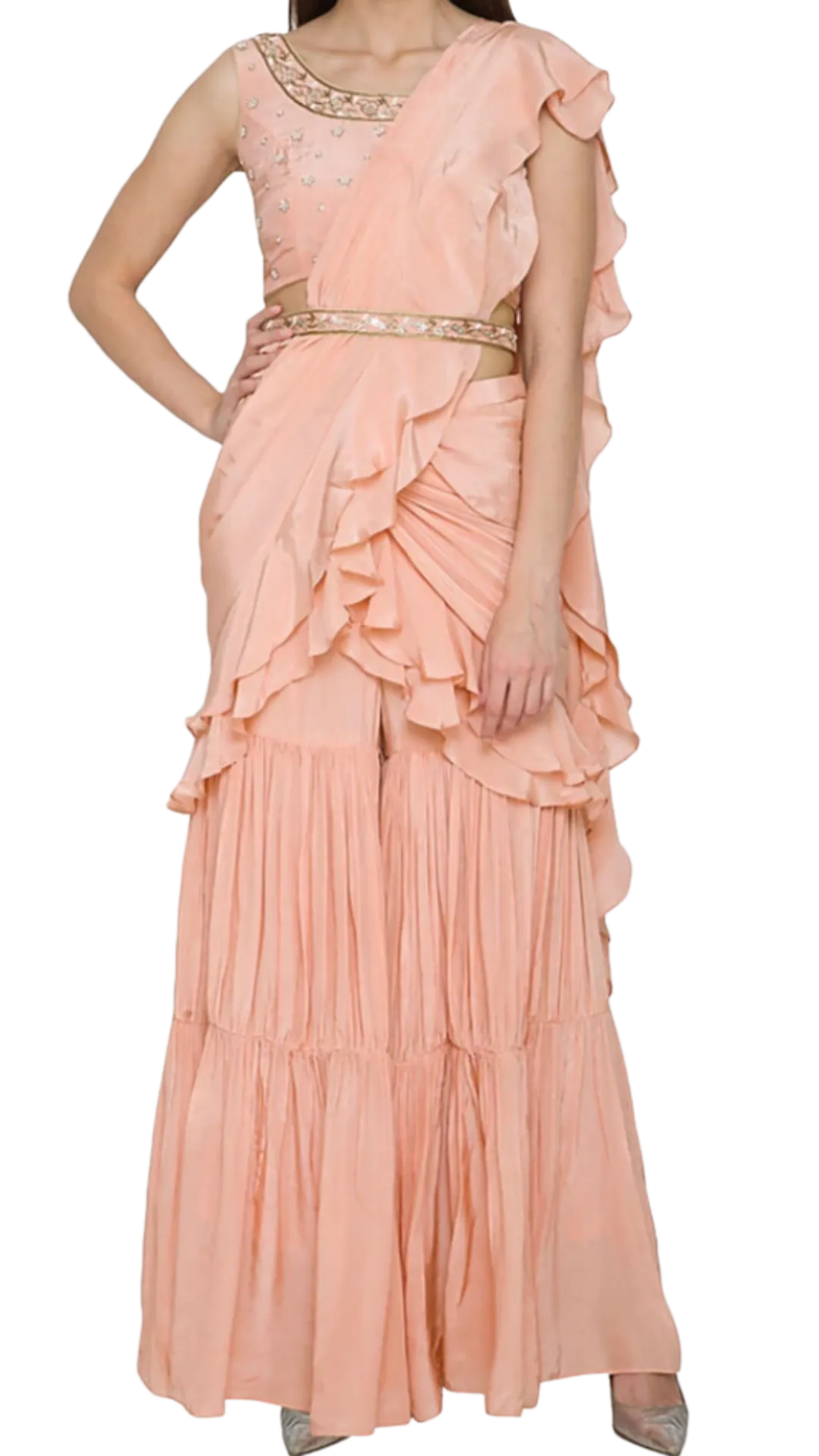 Peach Ruffle Pre-Draped Sharara Sari