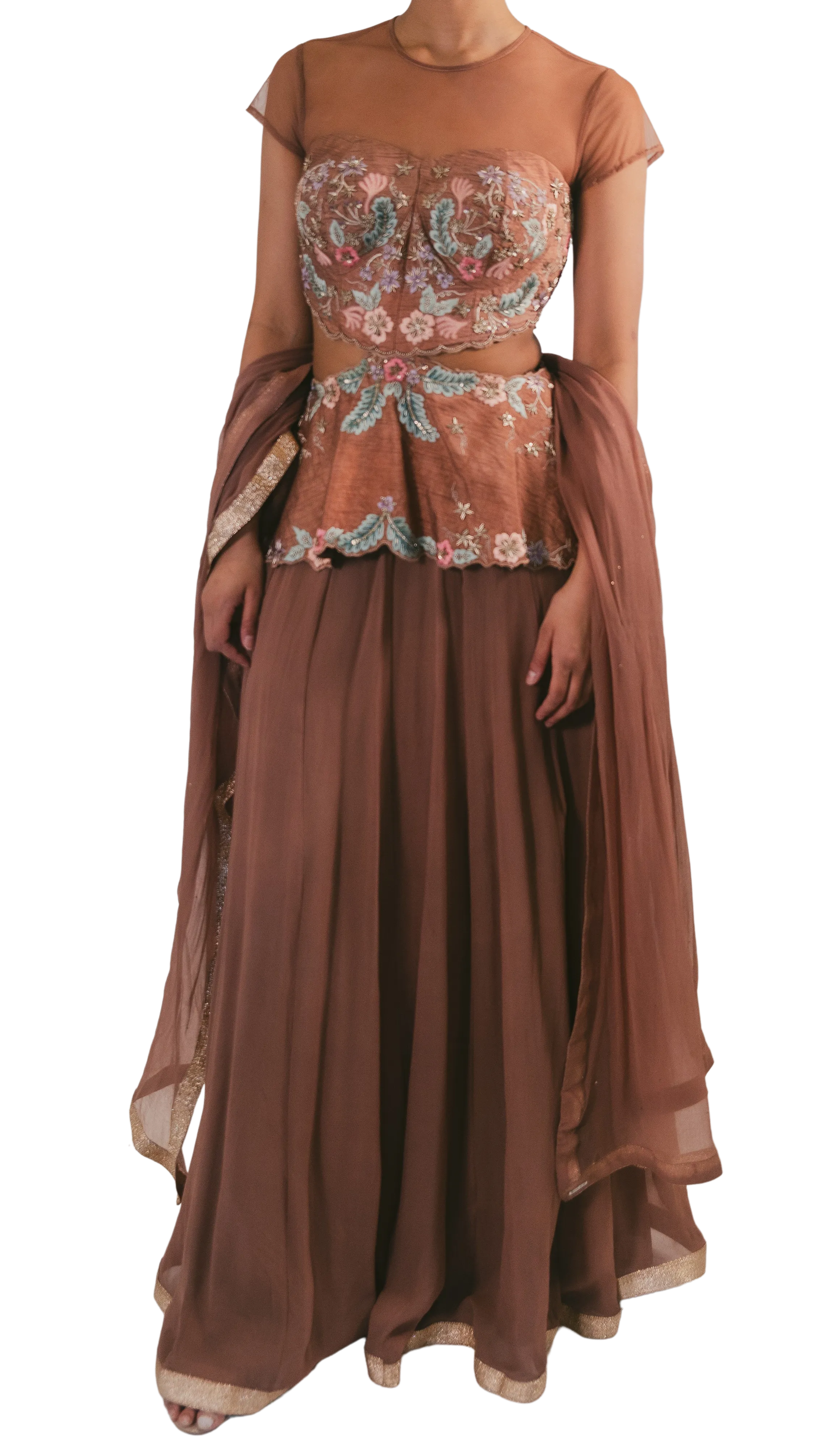 Peplum Blouse with Floral Embroidery Lehenga