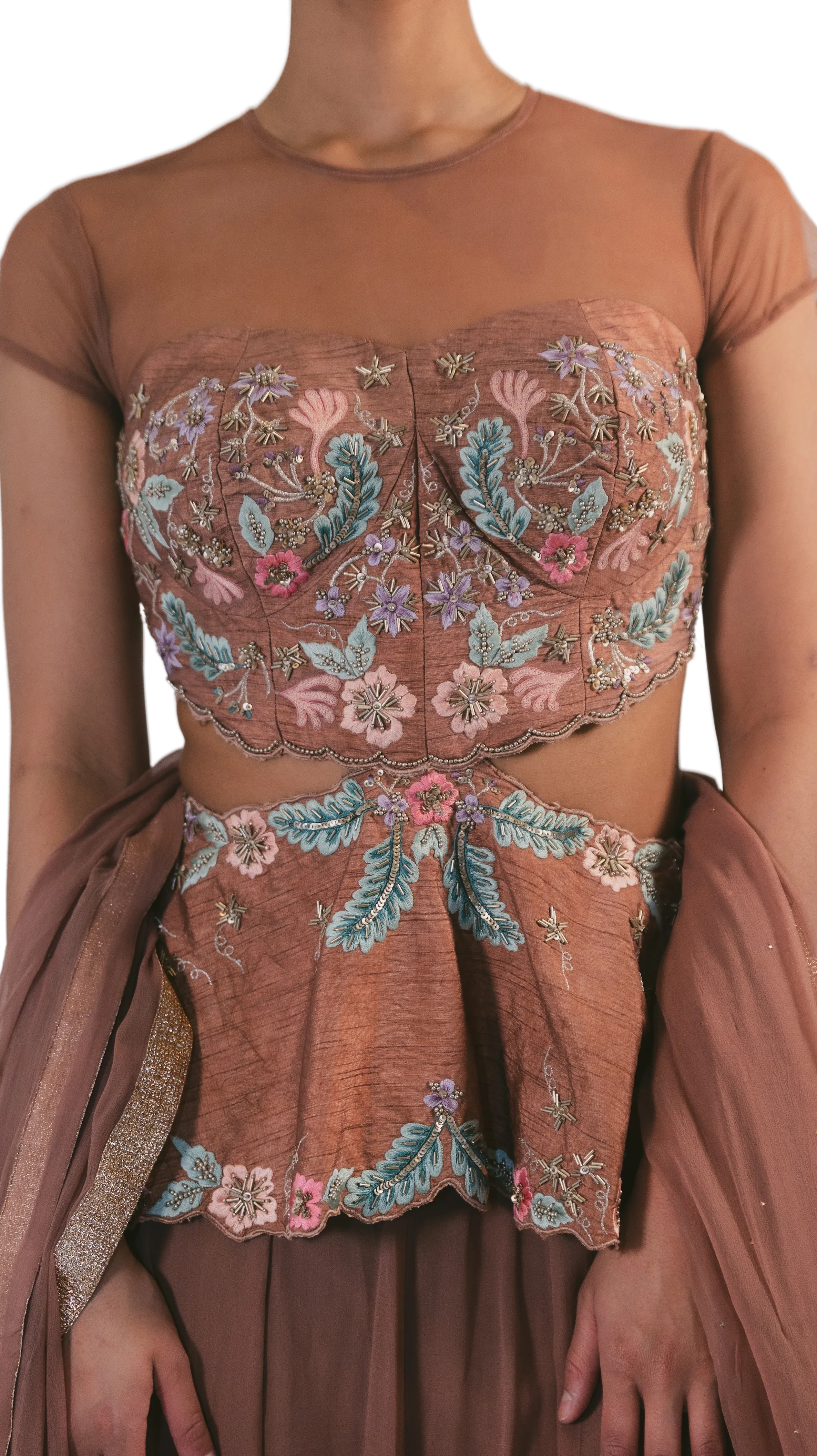 Peplum Blouse with Floral Embroidery Lehenga