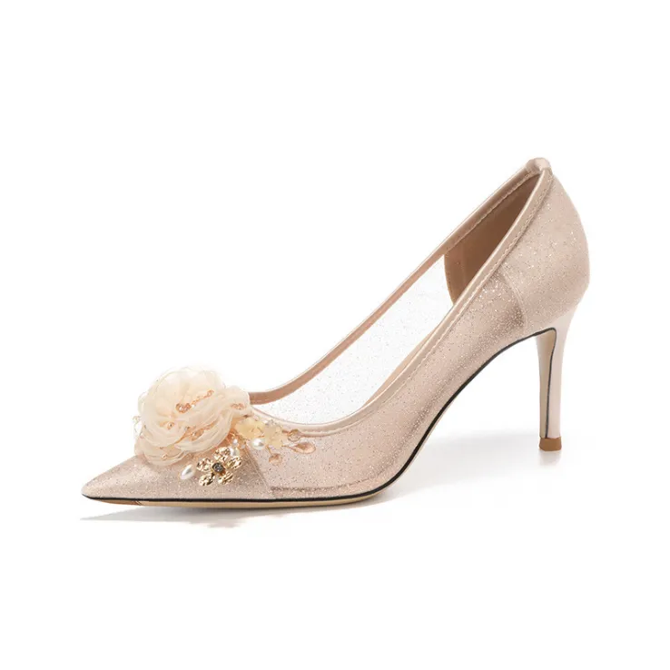 Petite Size 3 Lace Mesh Heels With Floral Bow MS325