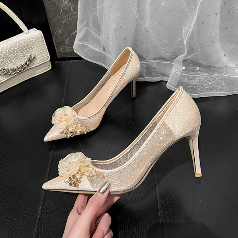 Petite Size 3 Lace Mesh Heels With Floral Bow MS325