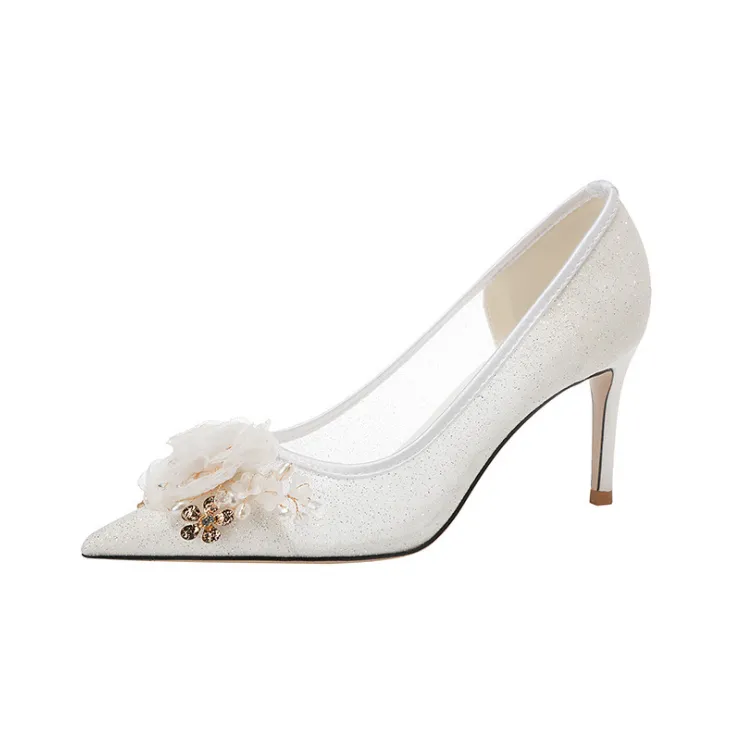 Petite Size 3 Lace Mesh Heels With Floral Bow MS325