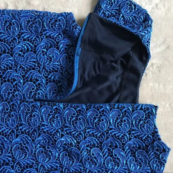 [Pim   Larkin] Blue Lace Short-Sleeve Shift Dress