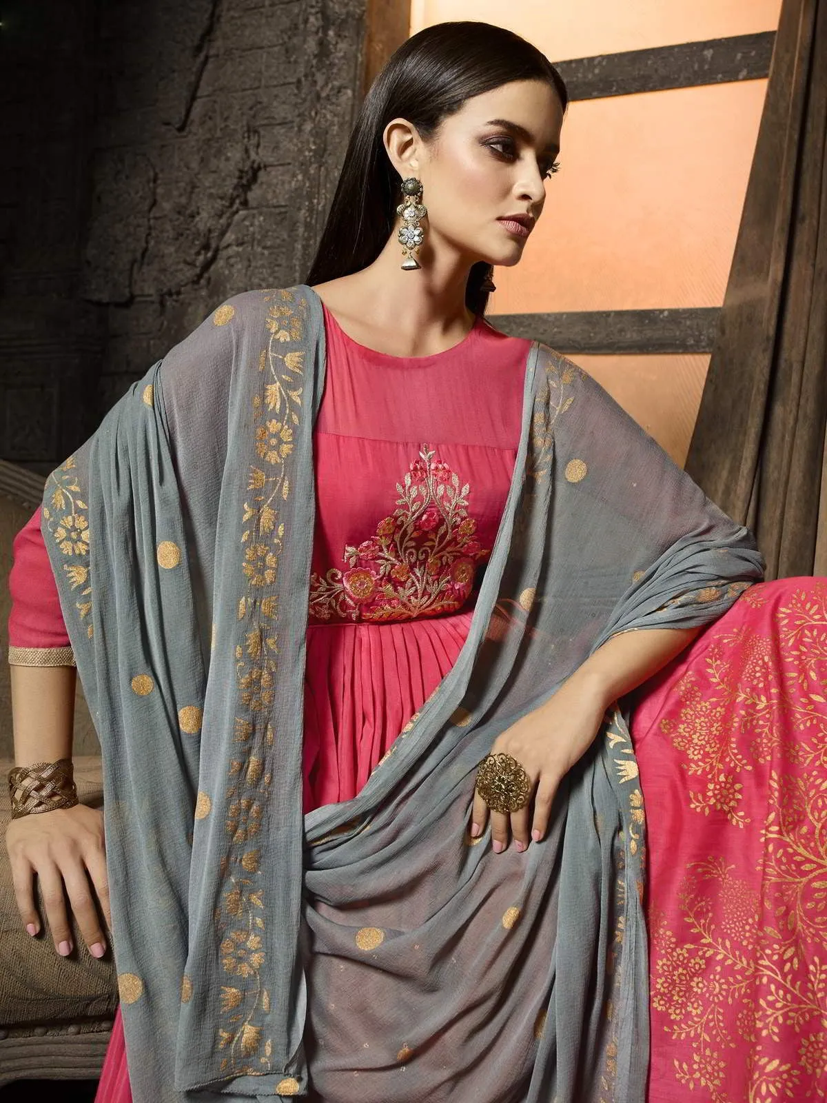 Pink And Grey Zari Embroidered Pakistani Palazzo Suit