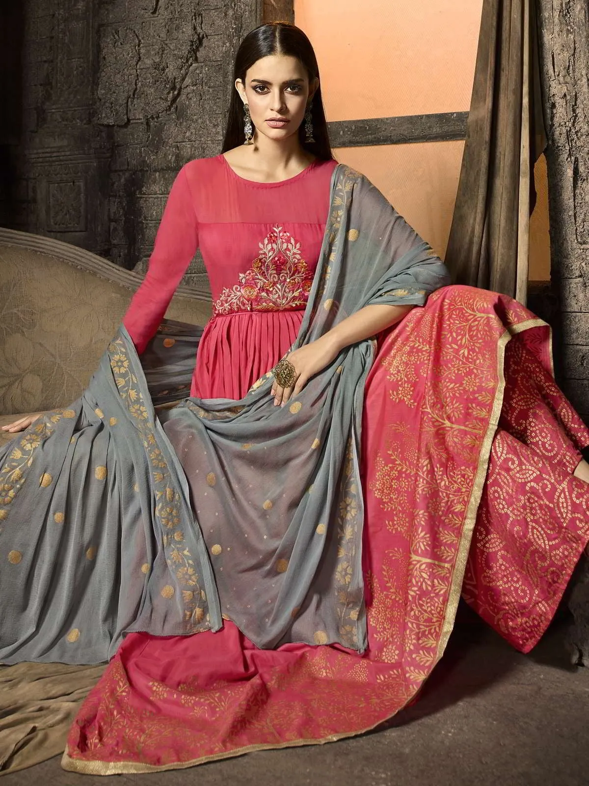 Pink And Grey Zari Embroidered Pakistani Palazzo Suit