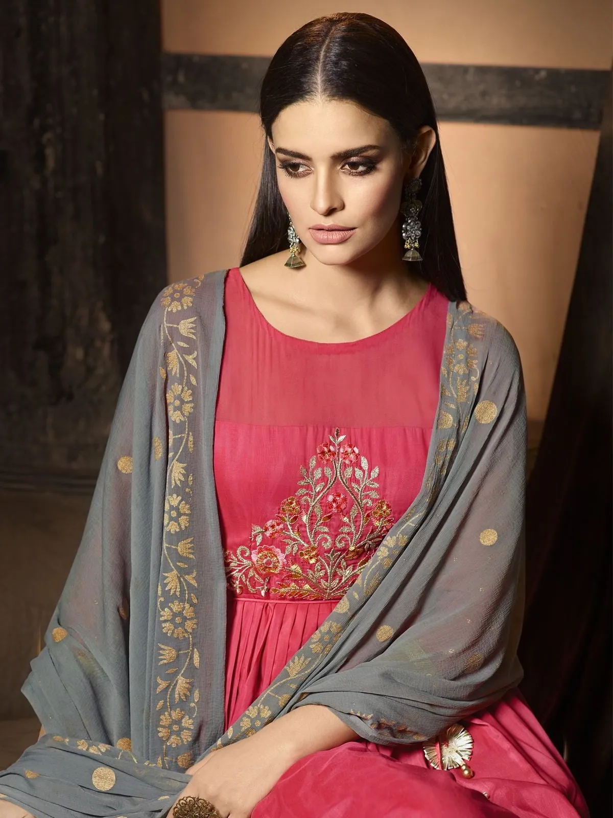 Pink And Grey Zari Embroidered Pakistani Palazzo Suit