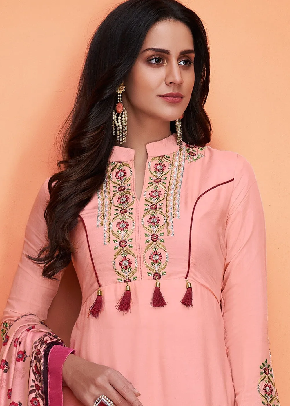Pink And Maroon Floral Embroidered Palazzo Suit