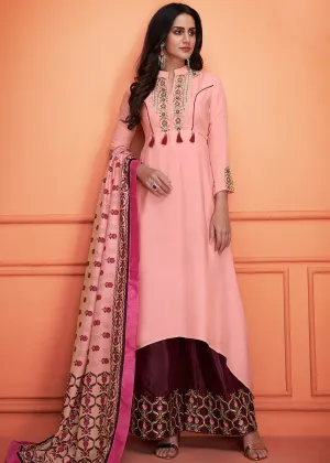 Pink And Maroon Floral Embroidered Palazzo Suit