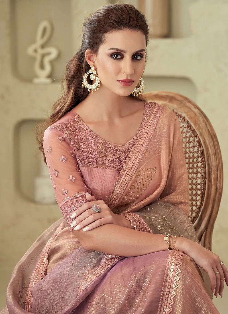 Pink Shaded Sequence Embroidery Designer Silk Saree