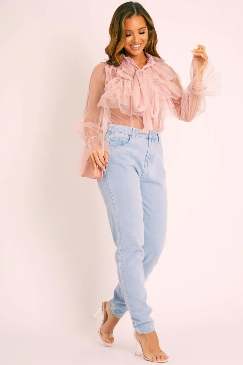 Pink Tulle Ruffle Tie Detail Shirt - Vanessa