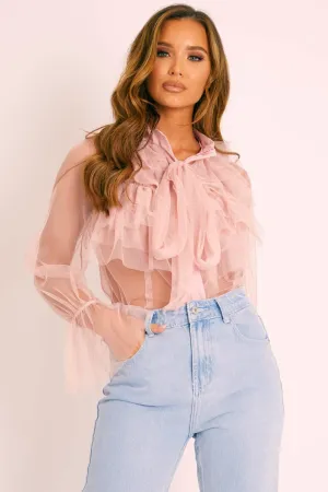 Pink Tulle Ruffle Tie Detail Shirt - Vanessa