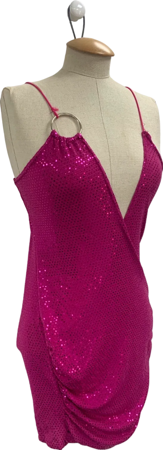 Pretty Little Thing Pink Textured Glitter Ring Detail Extreme Plunge Bodycon Dress UK 8