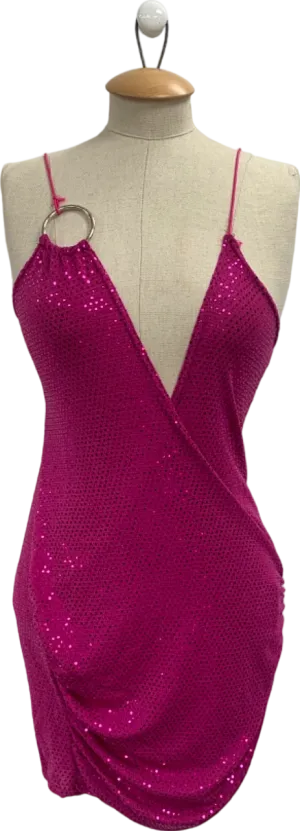 Pretty Little Thing Pink Textured Glitter Ring Detail Extreme Plunge Bodycon Dress UK 8