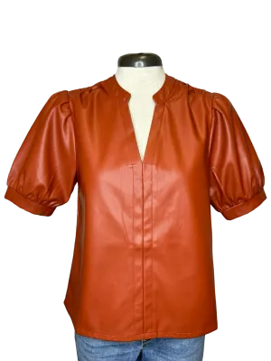 Puff Sleeve Leather Top Rust