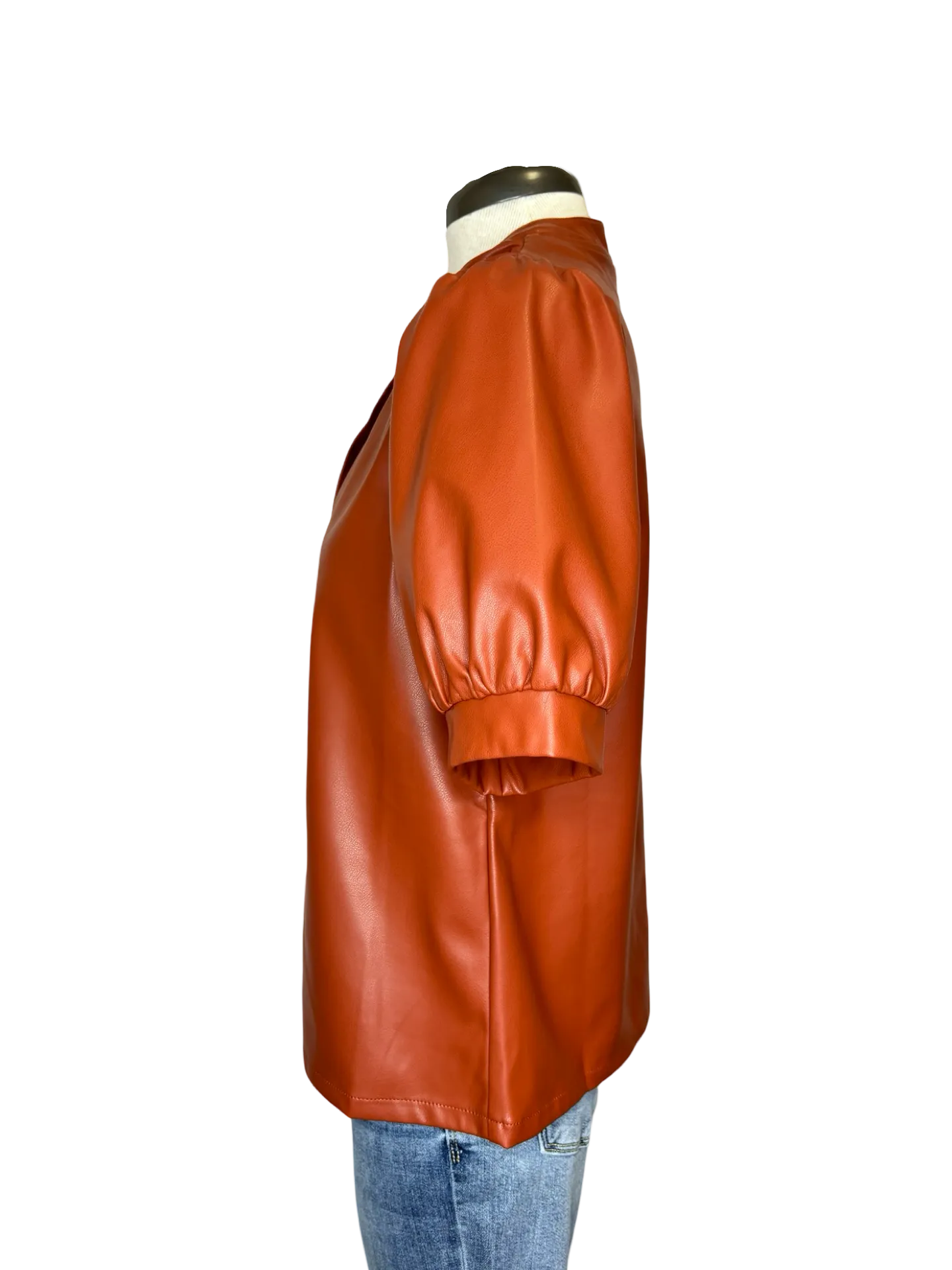 Puff Sleeve Leather Top Rust