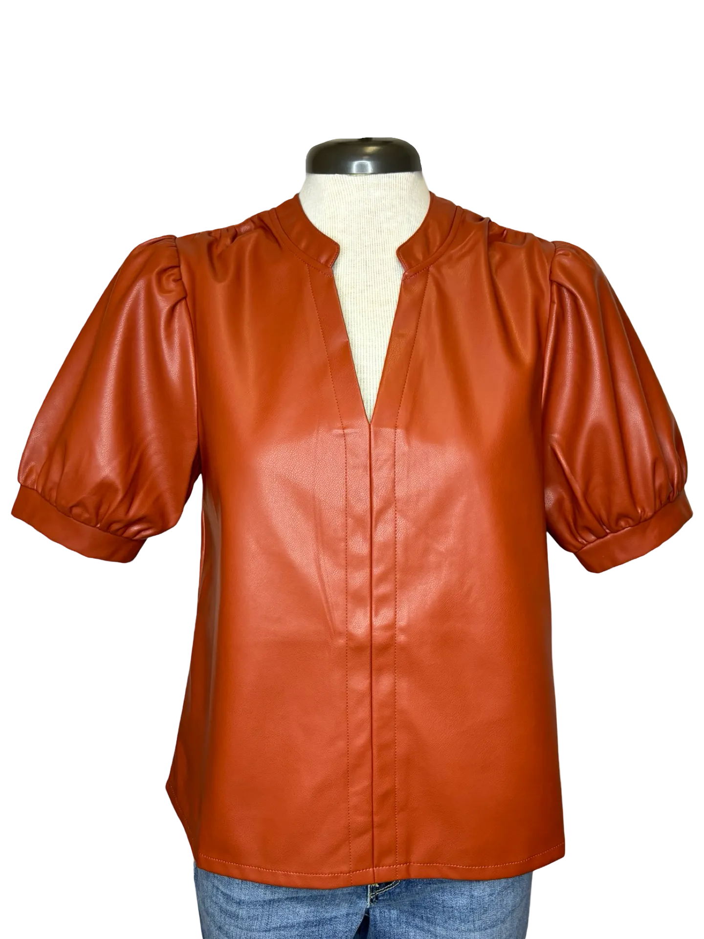 Puff Sleeve Leather Top Rust