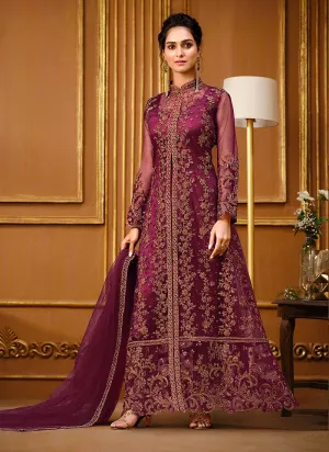 Rani Pink Zari Embroidered Slit Style Anarkali Pant Suit