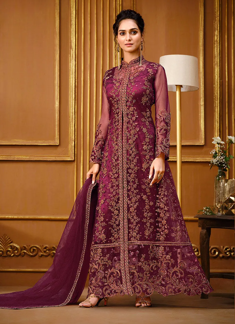 Rani Pink Zari Embroidered Slit Style Anarkali Pant Suit