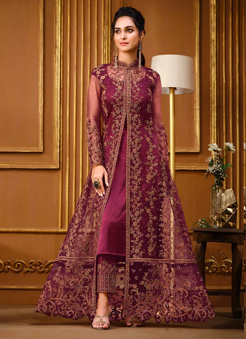 Rani Pink Zari Embroidered Slit Style Anarkali Pant Suit