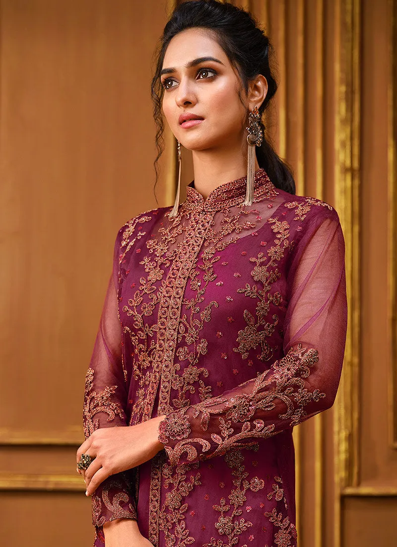 Rani Pink Zari Embroidered Slit Style Anarkali Pant Suit