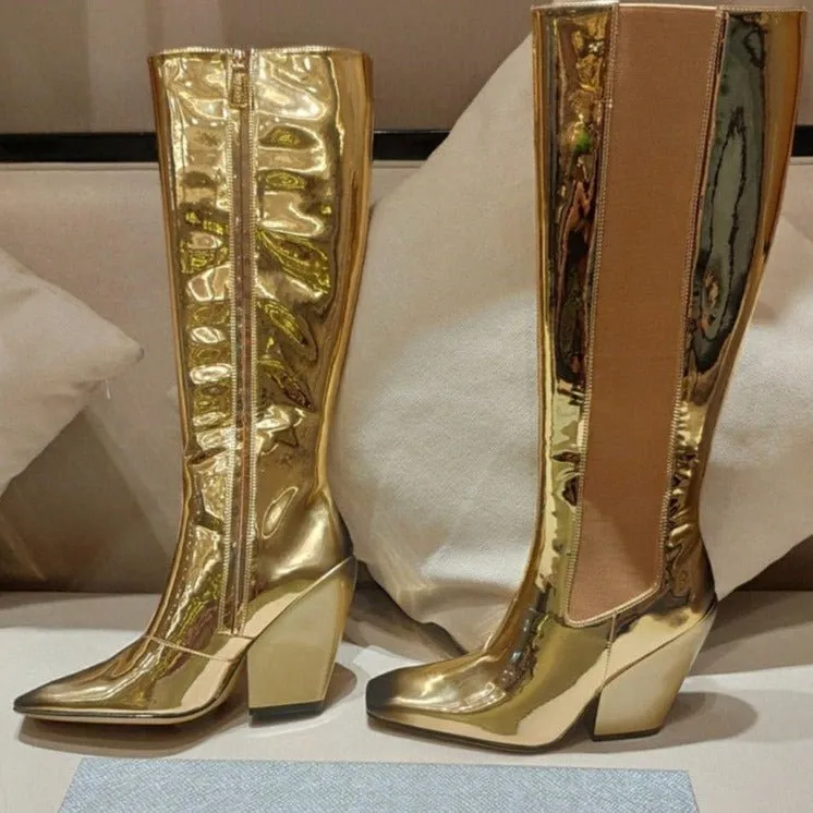 Runway Women Leather Pointed Toe Chunky High Heels Boots