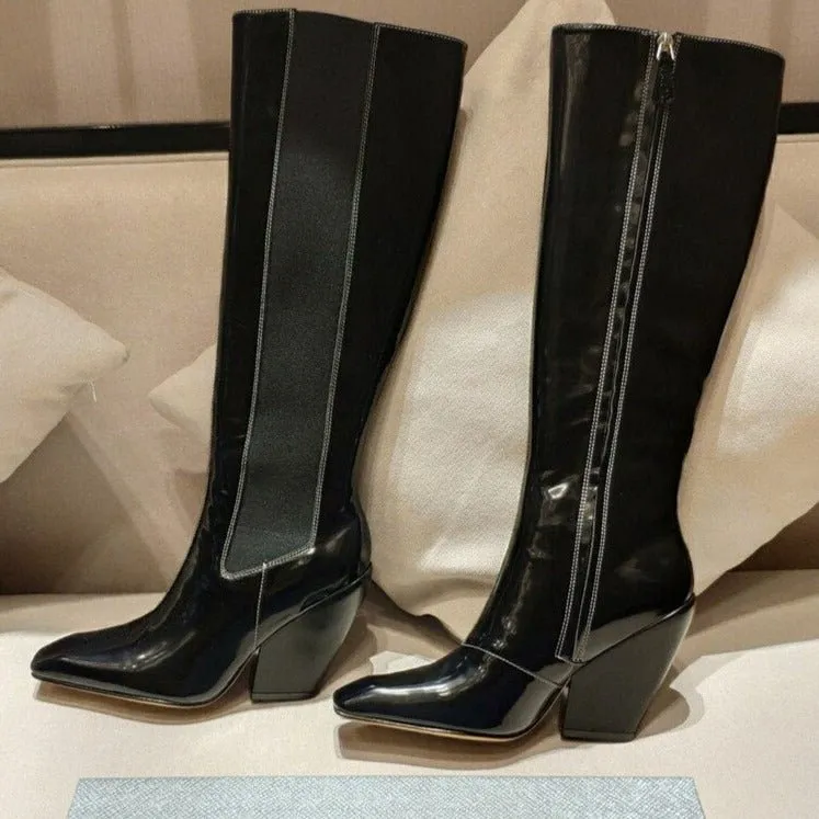Runway Women Leather Pointed Toe Chunky High Heels Boots