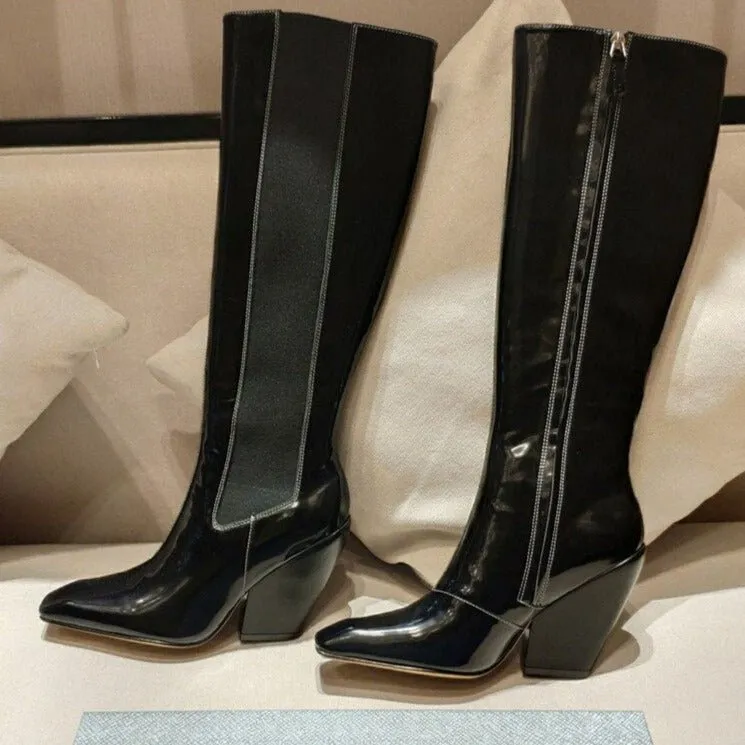 Runway Women Leather Pointed Toe Chunky High Heels Boots
