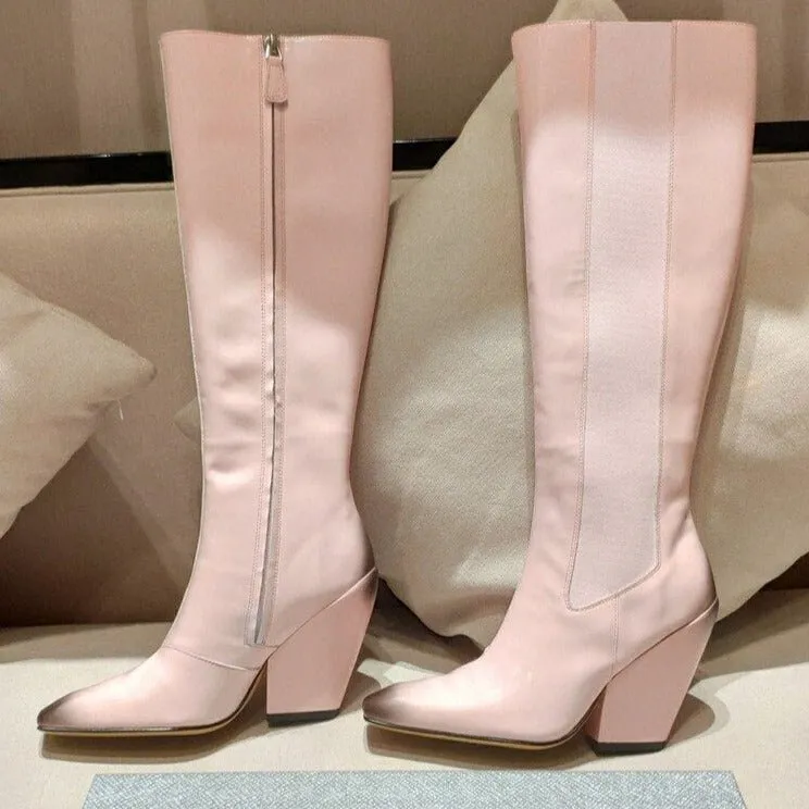 Runway Women Leather Pointed Toe Chunky High Heels Boots