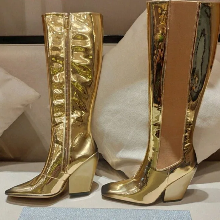 Runway Women Leather Pointed Toe Chunky High Heels Boots