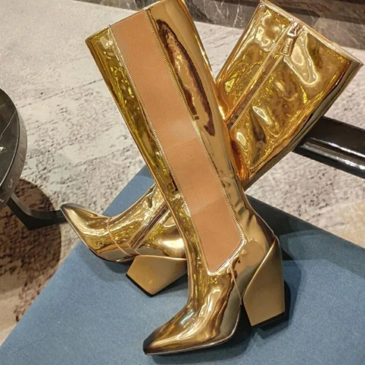 Runway Women Leather Pointed Toe Chunky High Heels Boots